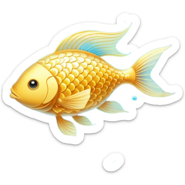Ethereal golden fish in the shape of an omega symbol, radiating gentle waves of energy that flow toward a glowing brain and heart. The fish appears translucent and luminous, with scales that shimmer with healing properties, all suspended in a dreamy blue atmosphere. sticker