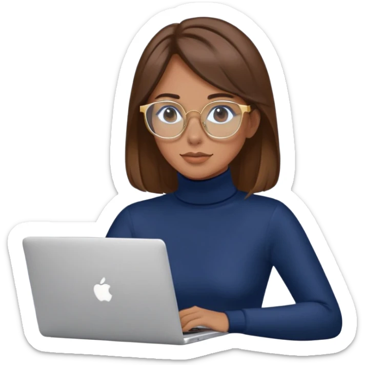 Woman with brown hair wearing navy blue turtleneck, gold hoops and blue screen glasses typing on laptop sticker