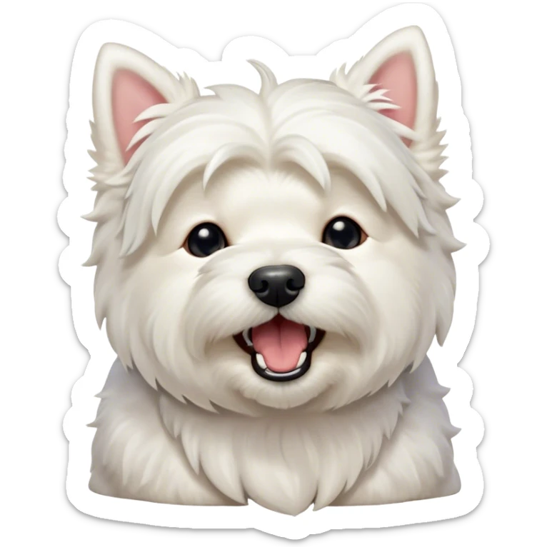 Cinematic Cute Yawning West Highland White Terrier Portrait Emoji, Head tilted slightly with a dramatic, wide-open yawn, showcasing a soft, fluffy white coat with floppy ears slightly drooping and round dark eyes barely open in drowsy contentment, Simplified yet irresistibly adorable features, highly detailed, glowing with a soft, cozy glow, high shine, relaxed yet expressive, stylized with a touch of whimsy, bright and endearing, soft glowing outline, capturing the essence of a sleepy yet affectionate companion, so drowsy it feels like it could stretch out of the screen and curl up for a nap! sticker