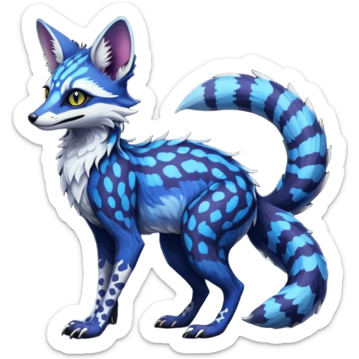Feral Rare Fantasy scaly evil spooky vibrant dark shady shaded detailed deep-dark-cobalt-blue-gradients-colored colorful Vernid-Sergal-Genet-Trico-Fox-species by LiLaiRa, with dark-blackish points, white belly, random markings, tufted tail, tufted ears, full body sticker