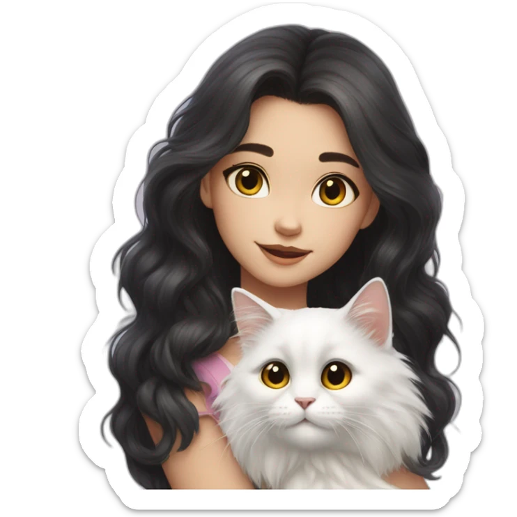 A girl with long dark hair and on her left shoulder and neck lies a white fluffy cat with eyes of different colors sticker