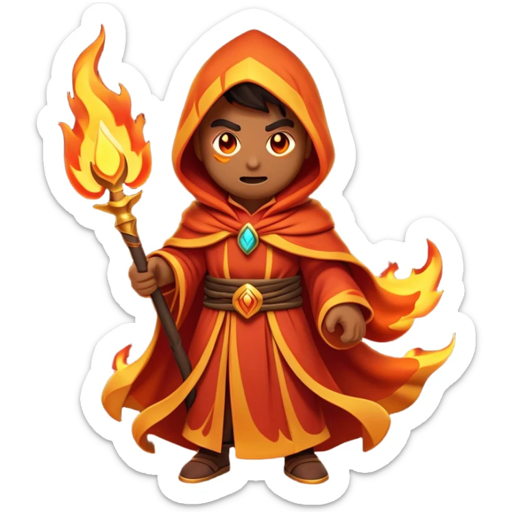 Clash of Clans aesthetic: Cinematic Ferocious Fire Mage Hero closeup Emoji, rendered in a 3D vector-style similar to standard emojis with minimal shading and bold, simplified shapes. A compact, isometric figure draped in flowing, charred and ember-lined robes, wielding a fiery staff crackling with intense flames. Eyes burning with an infernal glow, exuding raw, untamed power. Simplified yet unmistakably iconic, highly detailed and consistent, glowing with a fiery, molten radiance and high shine. Stylized with a touch of menacing sorcery and a searing, ember-infused outline, capturing the essence of a wrathful mage ready to unleash devastating fire magic! sticker