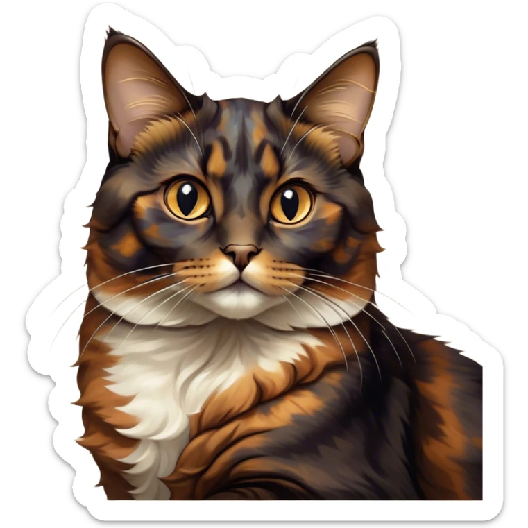 Cinematic Noble Tortoiseshell Cat Portrait Emoji, Poised and dignified, showcasing a luxurious, mottled fur of rich browns and blacks, with elegantly arched whiskers and a determined yet gentle expression, simplified yet meticulously detailed, glowing with a subtle, regal radiance, high shine, embodying quiet nobility and refined charm, soft glowing outline, capturing the essence of a sophisticated tortoiseshell cat exuding quiet authority! sticker
