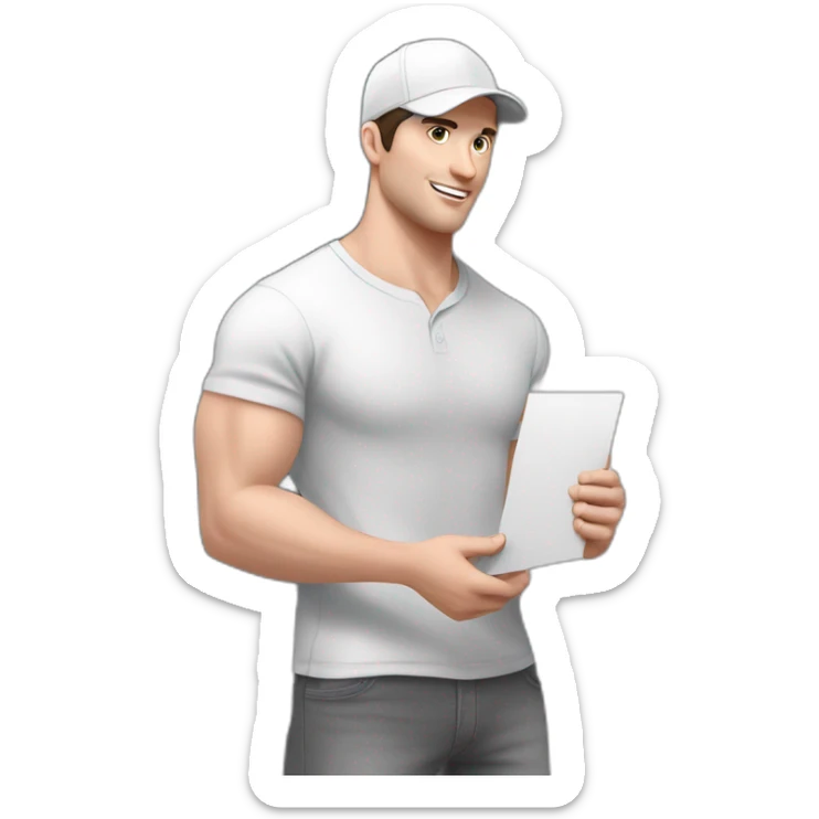 Pale skinned fit Man with dark brown hair in a white cap, gray jeans and dark gray polo T-shirt keeping a pasted with tape white box into his hands sticker