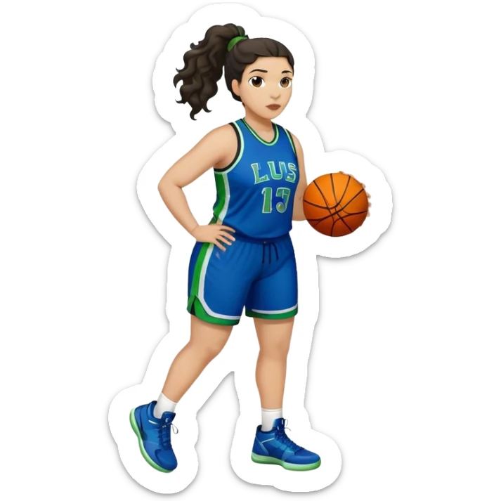 full body plus size light skin latino women basketball player with wavy dark hair in pony tail wide nose wearing blue uniform with green accent sticker