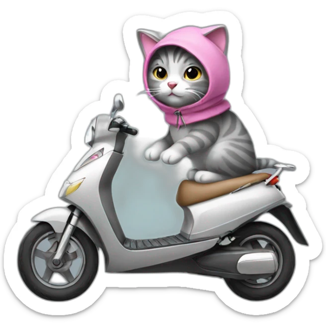 A gray stuffed cat. This cat is wearing a sleeveless sweater with a pink hood. He rides a manual scooter. sticker