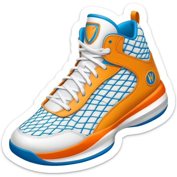 Cinematic Realistic image of a pair of basketball sneakers featuring detailed mesh and leather textures, vibrant color accents and dynamic design lines, illuminated by bold, high-energy arena lighting sticker