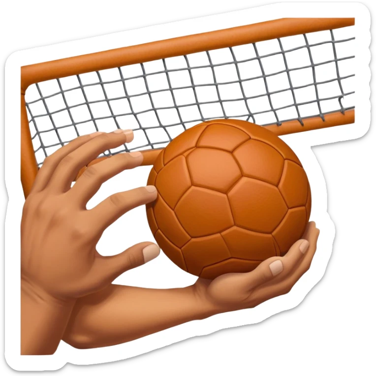 A close-up of a hand gripping a handball, with the handball gates visible in the background. The focus is on the texture of the ball and the strength of the grip, with the goal net slightly blurred to emphasize the anticipation of the throw. sticker