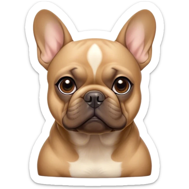 Cinematic Noble Fawn French Bulldog Portrait Emoji, Poised and regal, with a compact, muscular build and a sleek, well-groomed fawn coat, deep-set soulful dark eyes, Simplified yet sharp and sophisticated features, highly detailed, glowing with a soft, dignified glow, high shine, intelligent and determined, stylized with an air of authority, focused and attentive, soft glowing outline, capturing the essence of a watchful and confident companion, so majestic it feels as though it could strut out of the screen with effortless authority! sticker