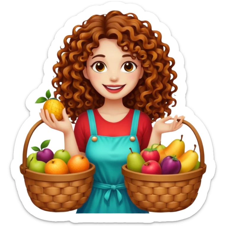 full body woman long curly brown hair brown eyes white skin tattoos holding basket of psychedelic fruits, teasing smile sticker
