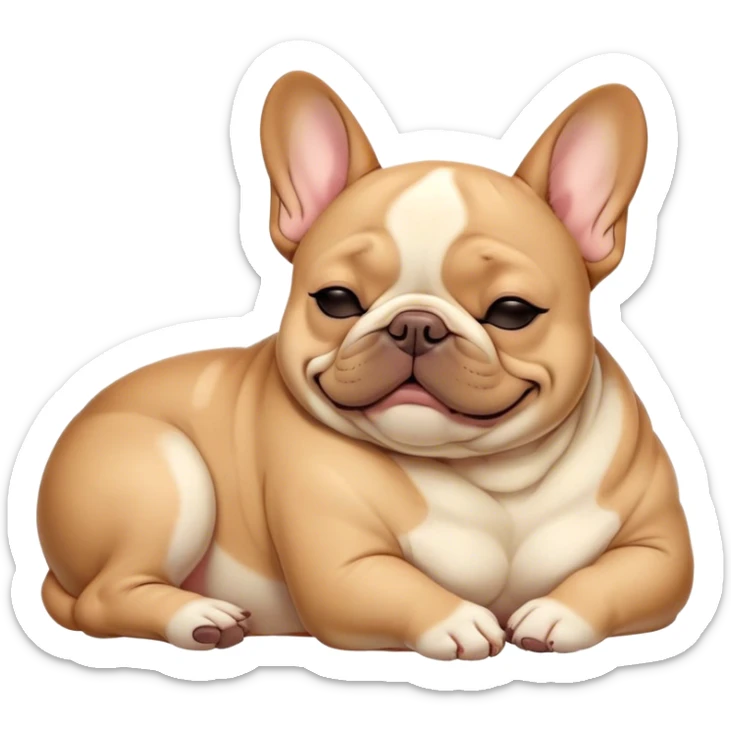 Cinematic Meme-Worthy Chubby Sleeping Fawn French Bulldog Portrait Emoji, Head resting peacefully with a contented smile, showcasing a delightfully chubby build and a luxuriously soft fawn coat, eyes shut in a serene nap, Simplified yet hilariously adorable features, highly detailed, glowing with a soft, drowsy light, high shine, relaxed and utterly lovable, stylized with an air of playful laziness, bright and heartwarming, soft glowing outline, capturing the essence of a comically sleepy companion, so meme-worthy it feels like it could instantly become the next viral sensation of adorable slumber! sticker