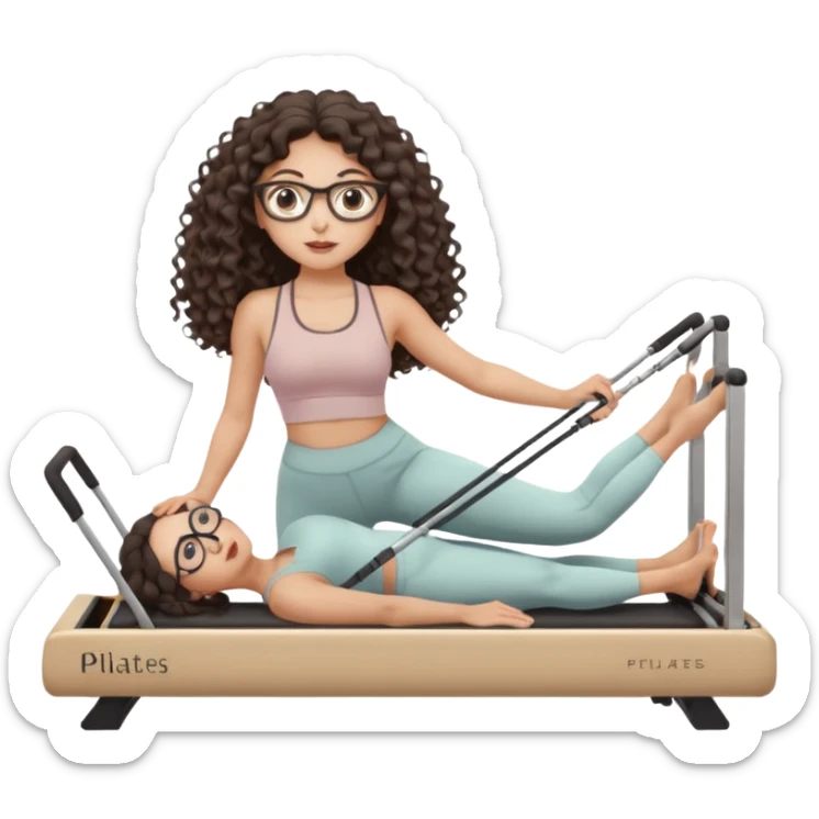 Memoji-style girl with long dark brown curly hair, round glasses, large brown eyes, soft rounded face,makeup, warm beige skin tone, wearing Pilates activewear performing Pilates and reformer Pilates exercises on a reformer machine, pastel color palette, smooth soft shading sticker