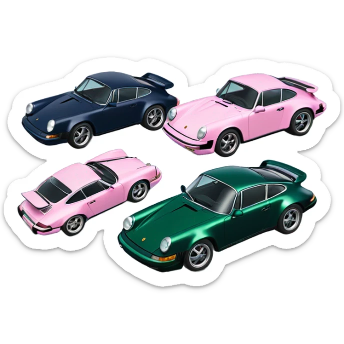 a black,dark green, 2 navy blue, light pink, another dark green Porsche 911s lined up next to each other - 6 cars sticker