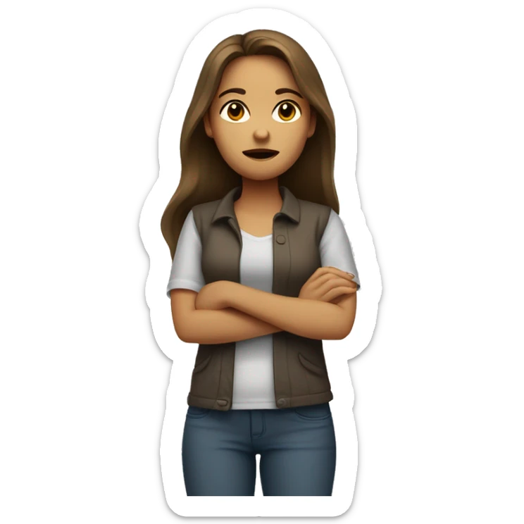 woman with long brown hair and light skin, crossing arms and frowning sticker