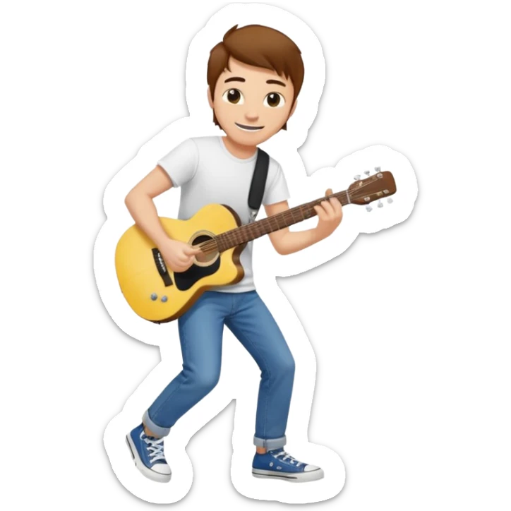 yellow skin Guy with brown hair, white tee, blue jeans and black converse playing a guitar sticker