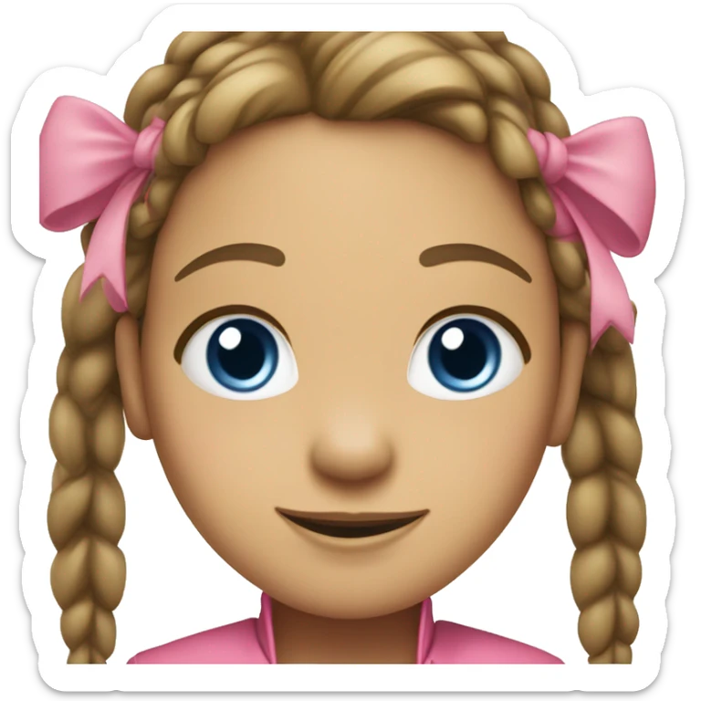 A girl with a smile, blue eyes, light skin, brown pigtails and two pink bows, in a yellow jacket sticker