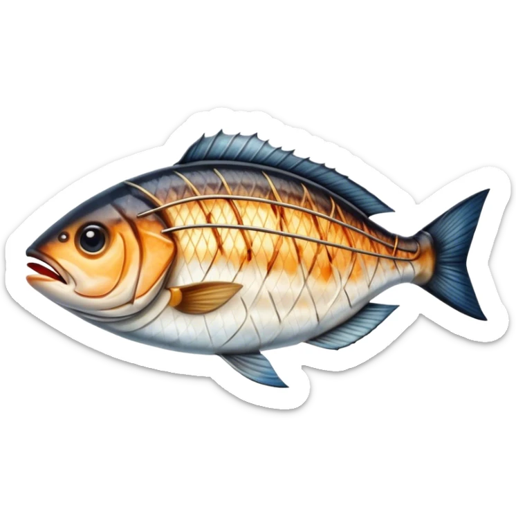 Cinematic Realistic Gradele (Grilled Fish) Dish Emoji, depicted as perfectly grilled fish with a smoky, charred finish rendered with lifelike detail and appetizing, natural lighting. sticker