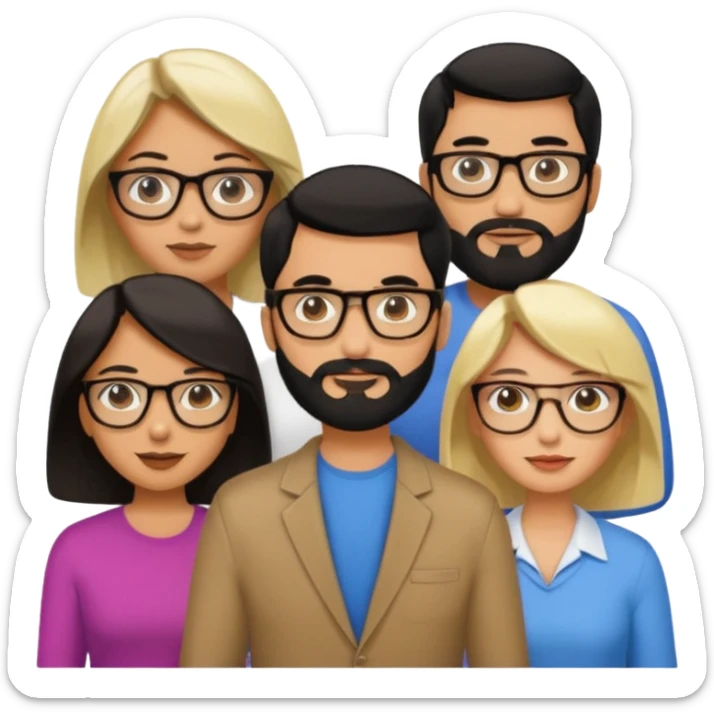 A man with hair and glasses and  a woman with long brown hair and a man with a beard and a woman with a blonde bob sticker