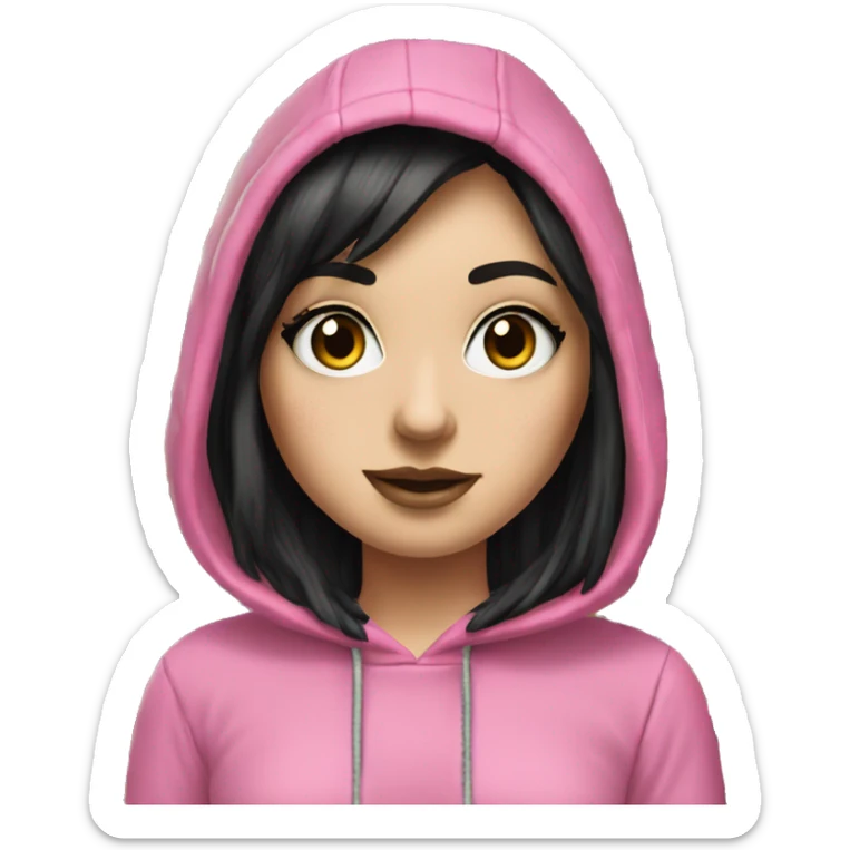 Hyperrealistic white girl with long black hair with a pink fringe and has eye makeup on, she is wearing a black and leopard print hoodie  sticker
