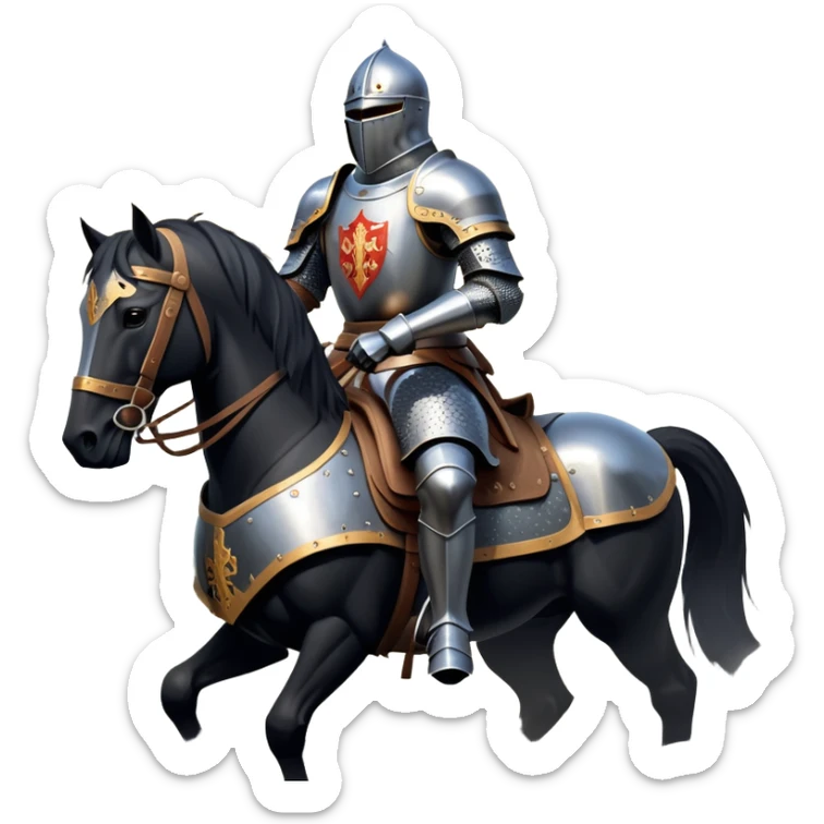 clash-of-clans-aesthetic_-cinematic-fearsome-and-majestic-knight-bust-portrait-emoji, rendered in a flat, vector-style with minimal shading and bold, simplified shapes, depicting a battle-ready medieval knight with steely eyes and intricate armor, riding on a black warhorse looking regal reflecting sunlight over a misty battlefield. sticker