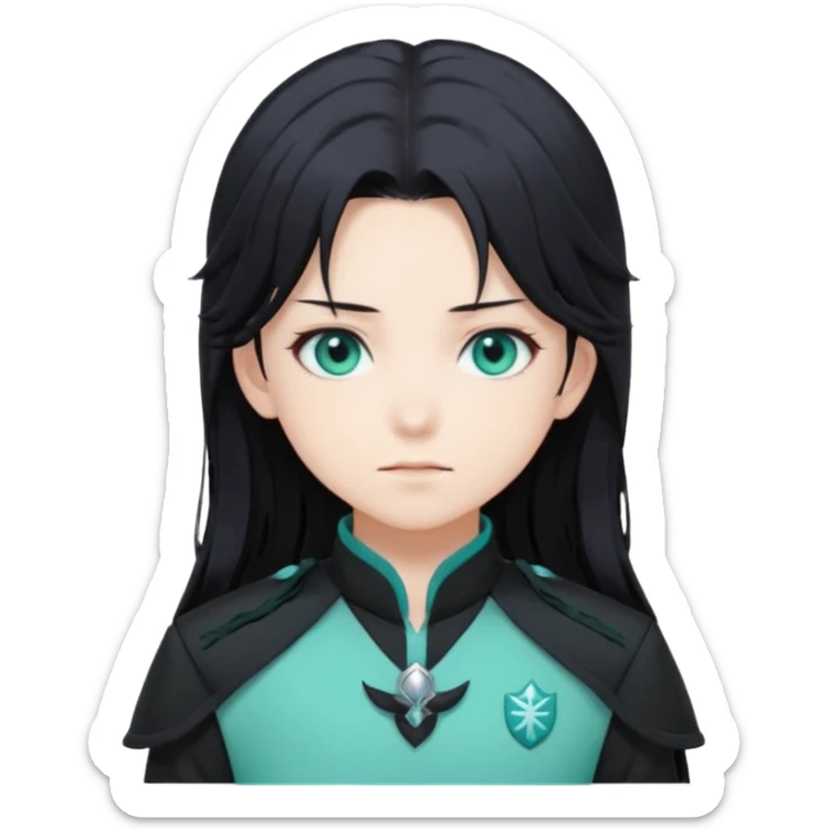 Tokito Muichiro emoji style — calm boy with long black hair fading mint green, turquoise eyes, pale skin, dreamy face, wearing dark Demon Slayer uniform, black + teal tone, anime cute clean style. sticker