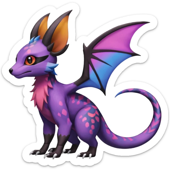 Rare epic aesthetic colorful Noivern-Salandit-Noibat-Eevee-Civet-species-Fakemon-hybrid-creature, with markings, full body sticker