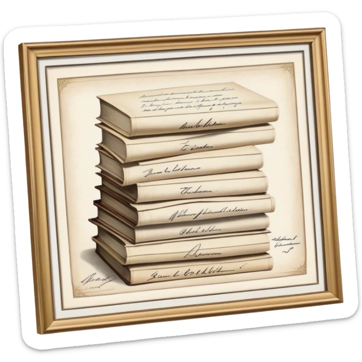 Icon for Autograph Collecting: several vintage framed with signatures of famous celebrities sheets stacked one on top of the other, each . The icon should evoke the charm and history of collecting autographs. Transparent background. sticker