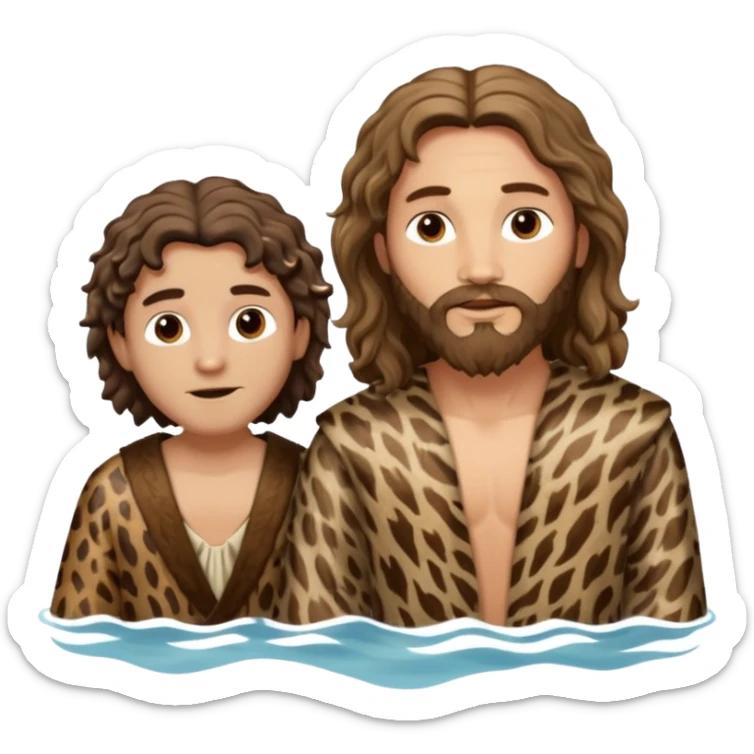 wavy hair John the Baptist in animal skin clothes meeting same age Jesus in the water, both clothed sticker