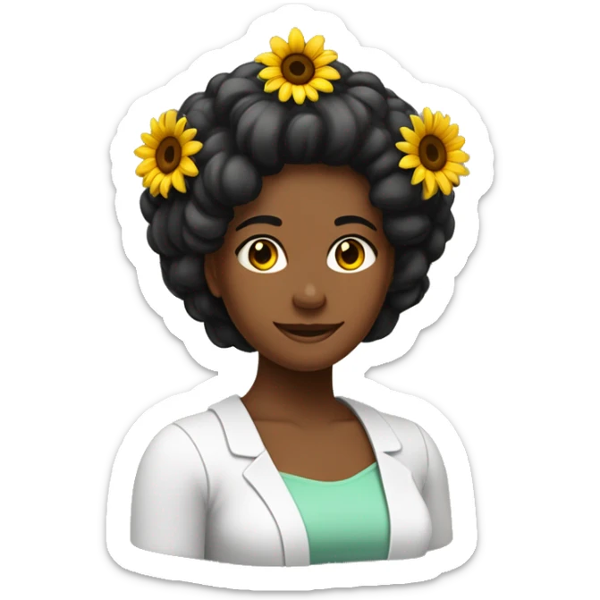 Mujer blanca, pelo negro, farmaceutica, sin lentes, pelo lacio hasta los hombros, con diadema de colores, gabacha con logo de girasol sticker