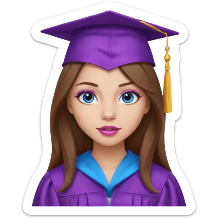 girl with gorgeous long brown hair, blue eyes, long lashes makeup, sexy pink lips, wearing a purple graduation cap and gown sticker