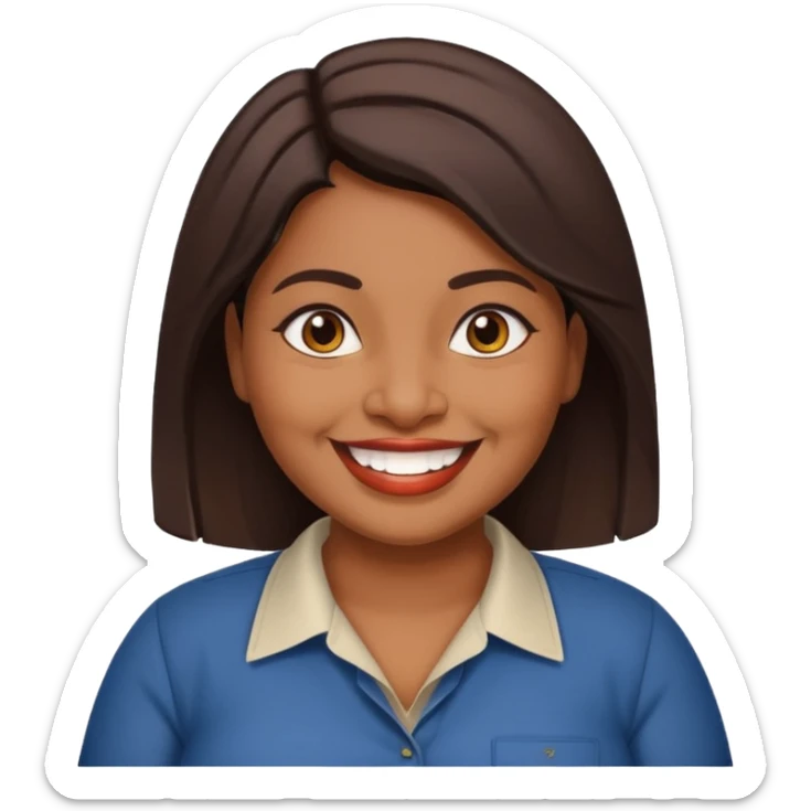 40 yr old chubby Sri Lankan woman, dark skin, straight brown hair, big smile, white teeth, american clothes sticker