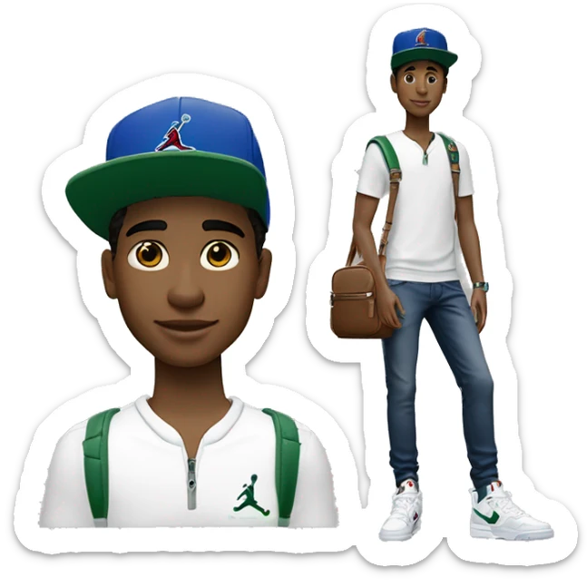 Jeune garçon clair de peau avec un taper des Jordan 4 un outfit américain des bijoux pour homme et une sacoche Lacoste  sticker