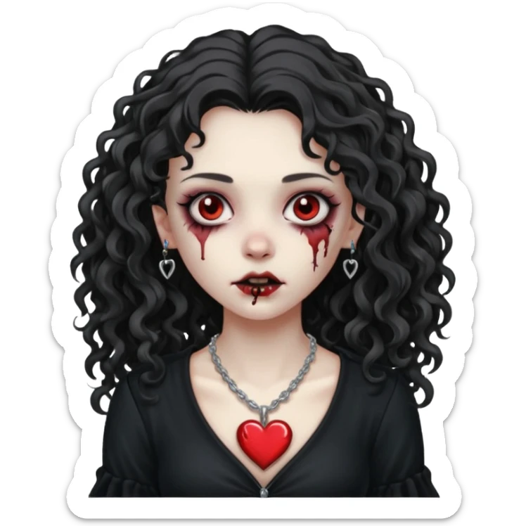 a zombie girl with a scar on her face, long curly hair, wearing a black blouse and a silver necklace with a heart pendant. sticker