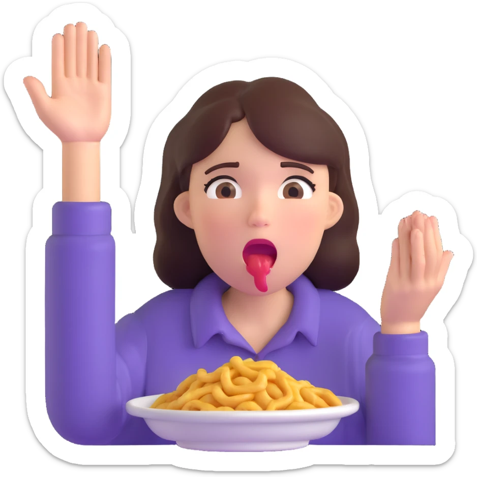 woman with drooling face and hands reaching for food, showing strong hunger sticker