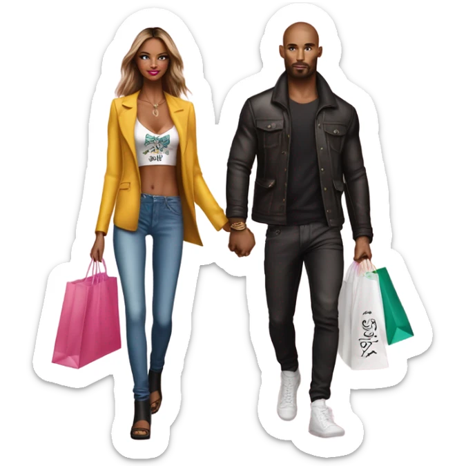 Photo of Victoria secret model shopping with a tattooed male model carrying bags sticker