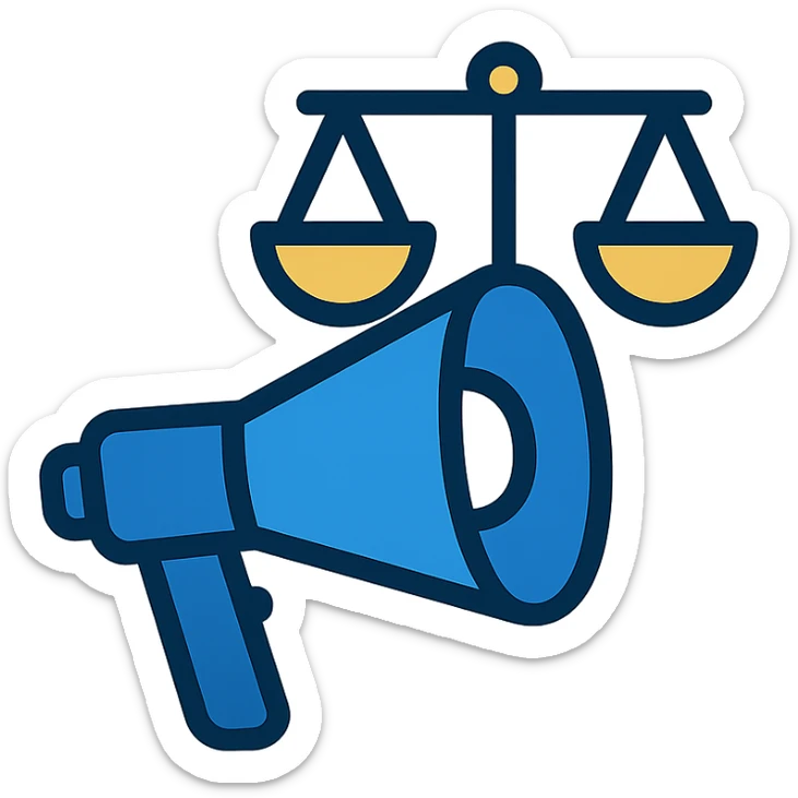 minimalist icon for advocacy consulting firm, stylized megaphone and scales of justice, navy blue white gold accents, symbolizes empowerment influence positive change sticker