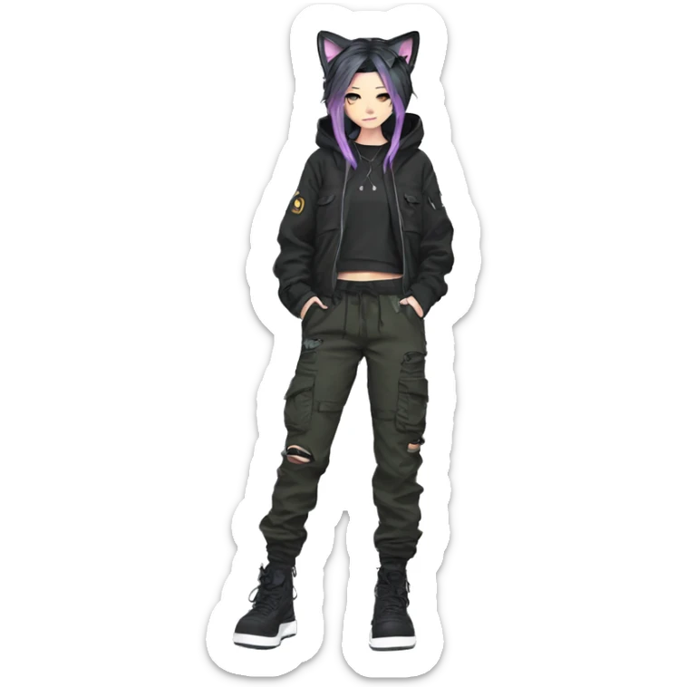 Edgy cool shy beautiful pretty anime punk tomboy with cat ears techwear cargo pants hoodie sticker