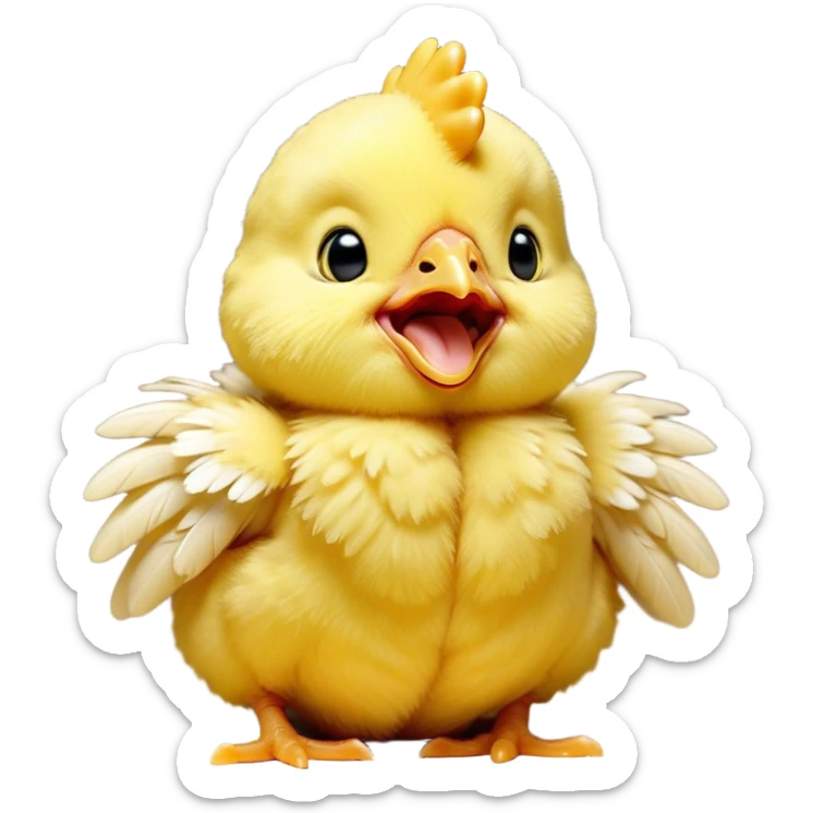 Cinematic Cute Yawning Yellow Baby Chicken Portrait Emoji, Head tilted slightly with a dramatic, wide-open yawn, showcasing a soft, downy yellow coat with little drooping wings, round beady eyes barely open in drowsy contentment, Simplified yet irresistibly adorable features, highly detailed, glowing with a soft, cozy glow, high shine, relaxed yet expressive, stylized with a touch of whimsical charm, bright and endearing, soft glowing outline, capturing the essence of a sleepy yet affectionate chick, so drowsy it feels like it could stretch out of the screen and curl up for a nap! sticker