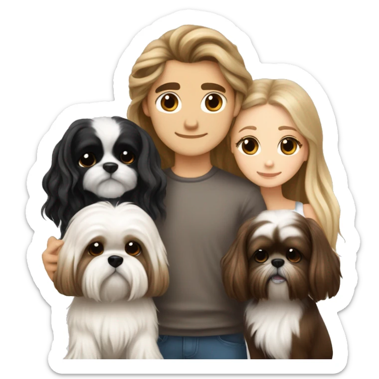 A couple, one very beautiful white  girl with very long volume hair brown and blond and one white boy with perfect brown hair that hugs her and also hugs two little dogs shih tzu black and white sticker