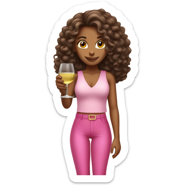 tanned girl long curly hair wearing pink holding white wine sticker