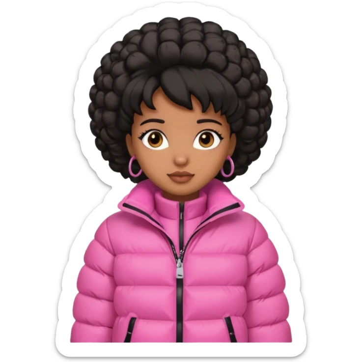 A brown skin  skinned girl that’s has puffy black hair with her hair up in a puffy hairstyle and skinny and wears a pink puffer coat sticker