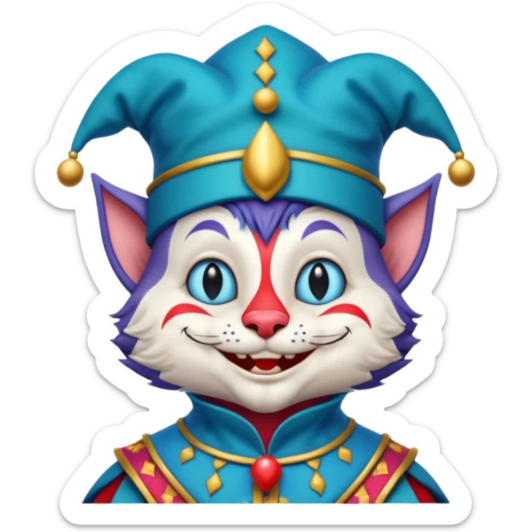 crazy colorful cute little cat jolly joker from poker, medieval, vintage, court jester, mac os icon, blue color, half body sticker