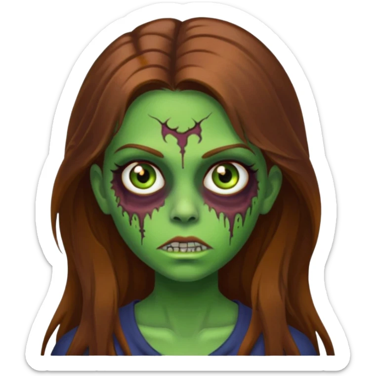 girl with long brown hair, hazel eyes, and green skin as a zombie sticker