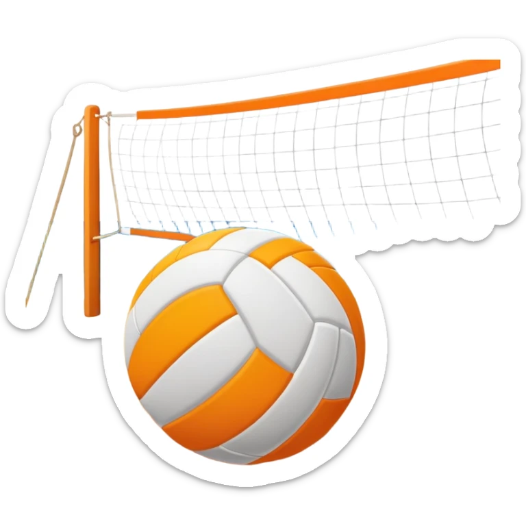 The scene captures a sunny beach atmosphere with clear blue sea and sky, palm trees swaying, and people in swimsuits enjoying the vibrant surroundings. A volleyball resting on the orange sand ground of a beach, with a volleyball net in the background.  sticker