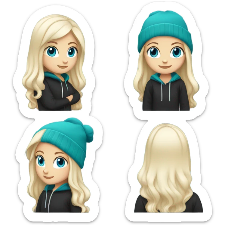 White girl, blue eyes, long teal hair, purple beanie hat, black hoodie, blue jeans, black shoes sticker