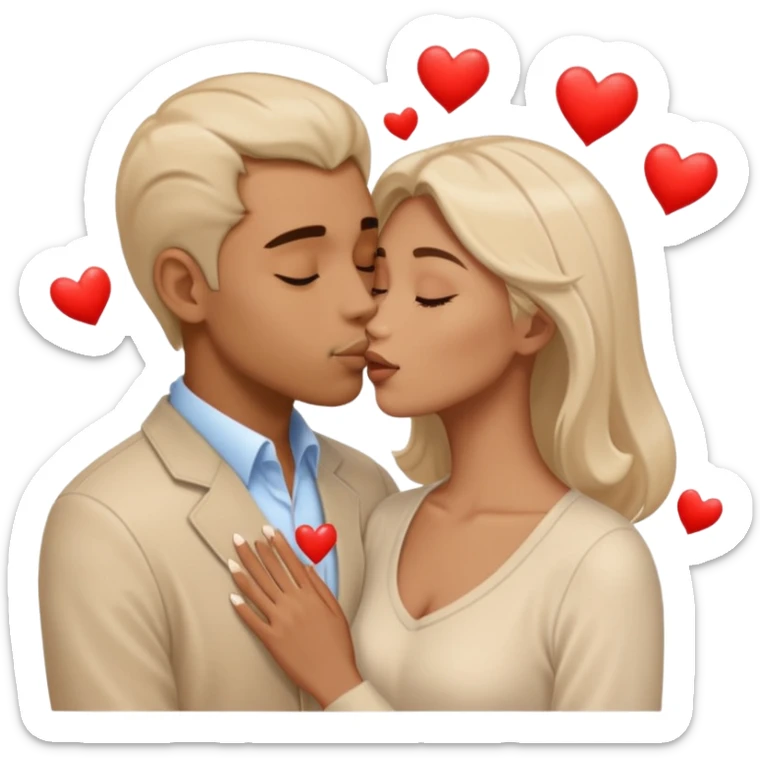 A man in pale beige clothes and a woman in pale beige clothes are kissing with white hearts sticker
