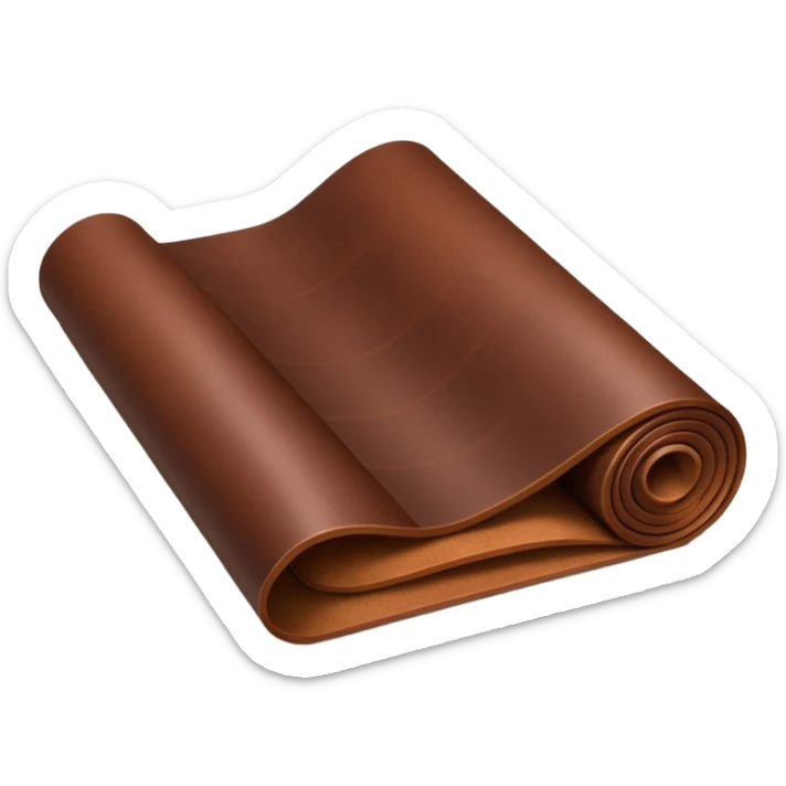 Apple-style 3D emoji of a rolled sheet of industrial leather, smooth surface, deep brown color, soft sheen, folded like fabric, with slight creases showing its texture. sticker