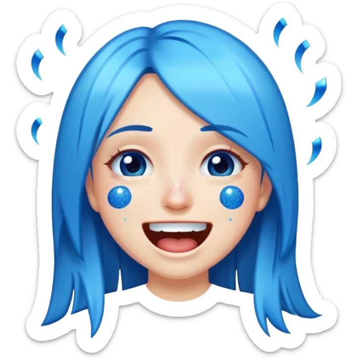 Girl with straight, long, blue hair and glitter making the cry laughing emoji face sticker