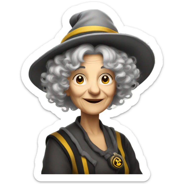 older woman with white skin, grey curly and wild hair, with a magic hat, hufflepuff sticker