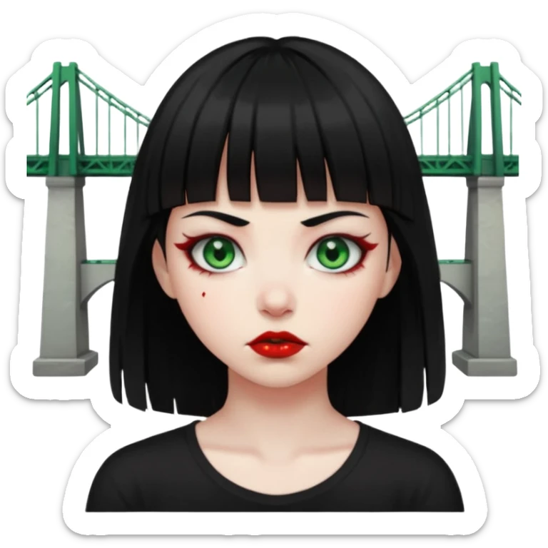 Guria com cabelo preto franjinha sangrando olhos verdes  fundo preto e um piercing bridgepiercing sticker